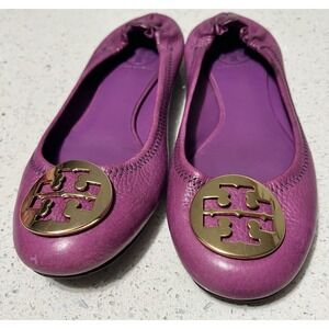Tory Burch Sz 8Reva Purple Leather Gold Medallion Flats‎ Shoes
